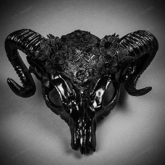 Antelope Devil Ram Horn Skull Ghost Masquerade Mask - Black - Picture 1 of 9